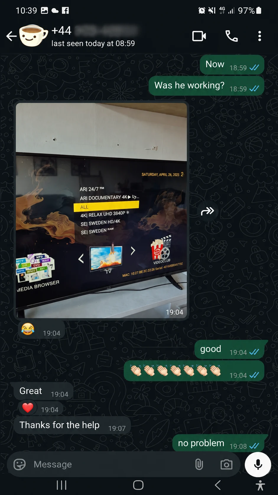 IPTV WhatsApp customer review