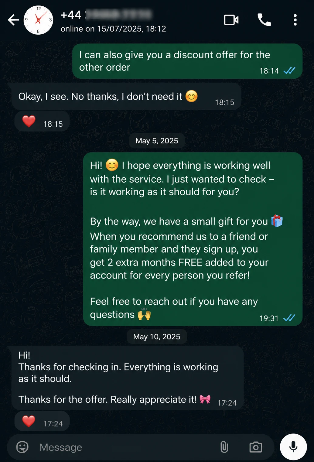IPTV WhatsApp customer review